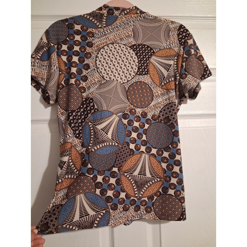 Y2K Geometric Print Knot Front Top M Brown Blue Collared Boho Stretch Blouse - Picture 7 of 9
